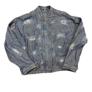 Free People Denim Jacket S Blue Distressed Cotton Full Zip Snaps Boho Lagenlook